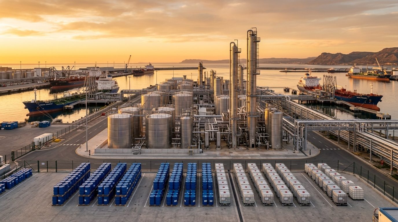 Illustration of a bulk liquid terminal with stainless steel glycol storage tanks and chemical tankers at a port