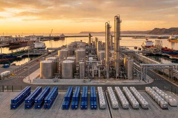 Illustration of a bulk liquid terminal with stainless steel glycol storage tanks and chemical tankers at a port